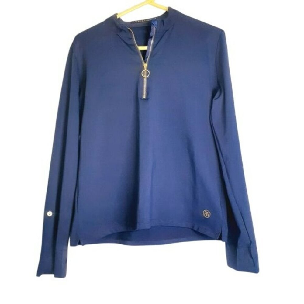 Long Sleeve Navy‎ Blue Zipper Top Womens L By Ambernoon